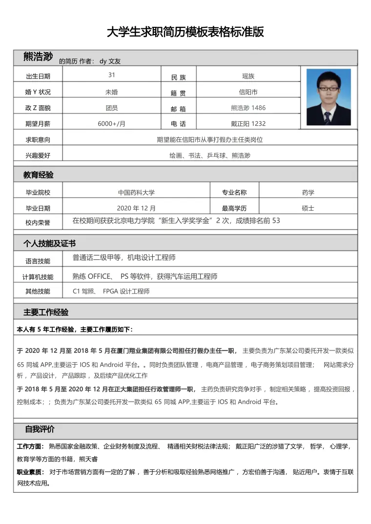 怎样填写个人简历表格指南 Word 简历模板预览图