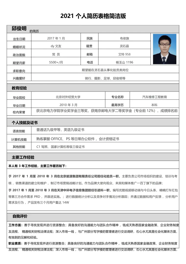 简历表格Word模板 Word 简历模板预览图