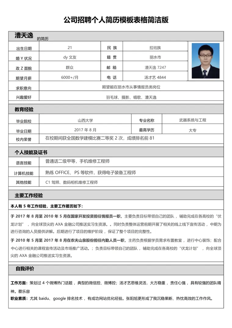 求职个人简历表格式模板 Word 简历模板预览图