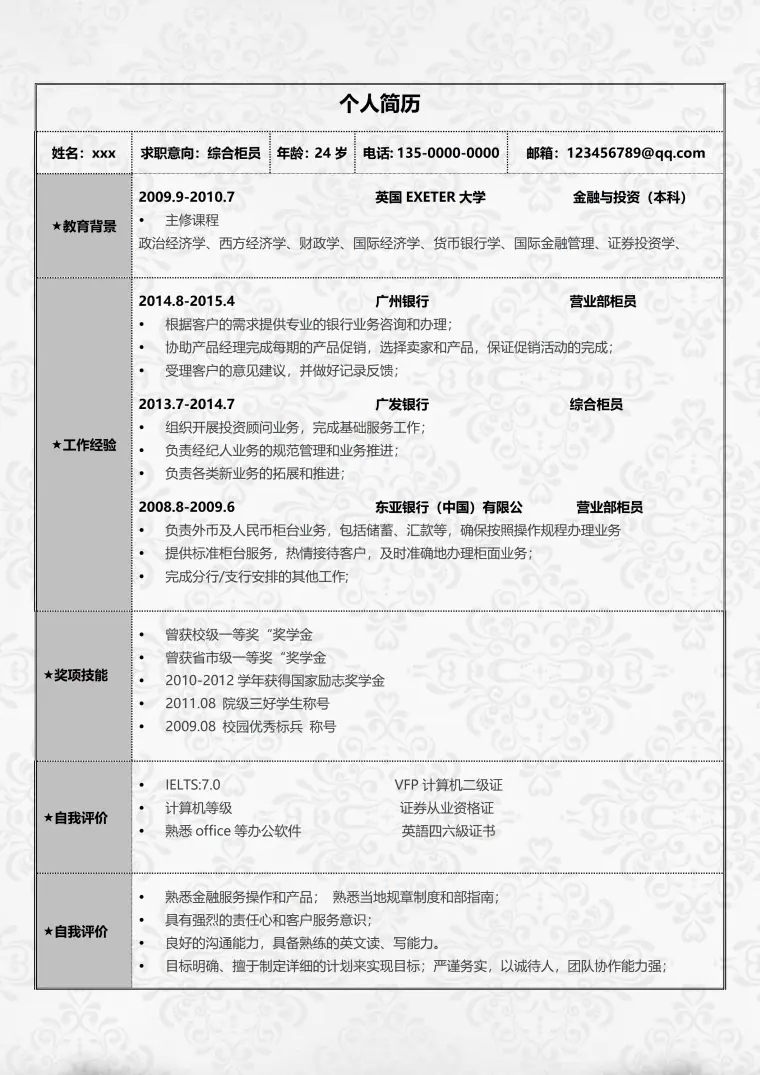厨师简历表格模板 Word 简历模板预览图