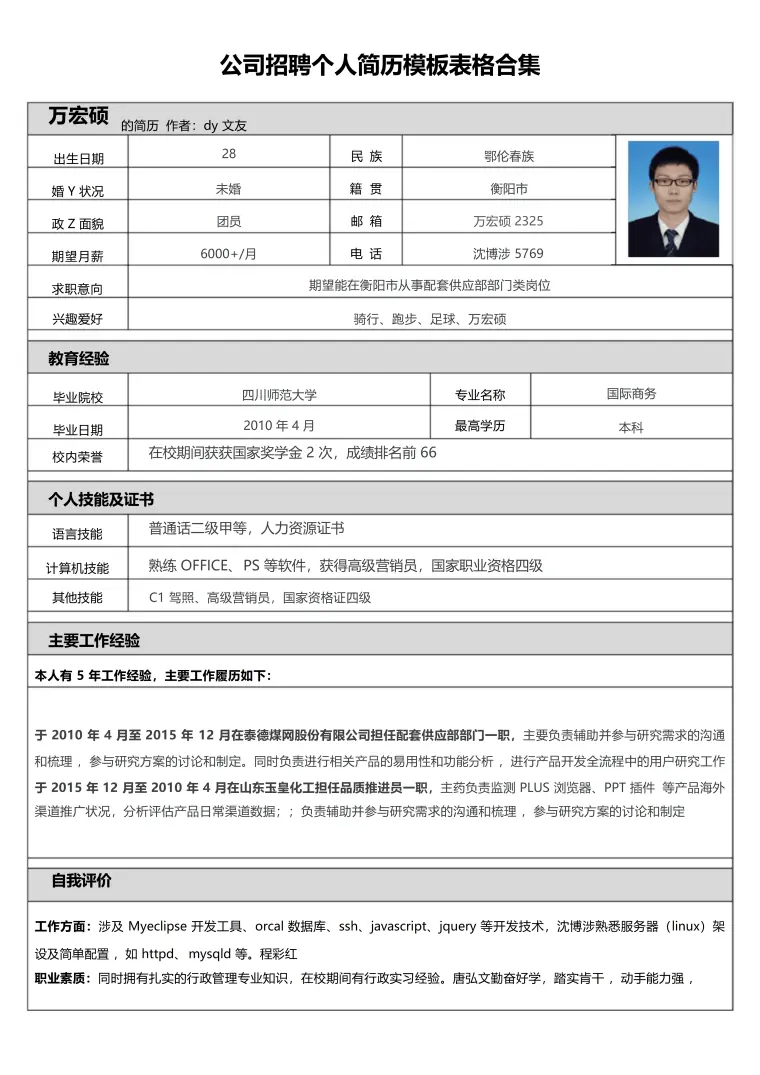 空白个人简历表格免费下载 Word 简历模板预览图