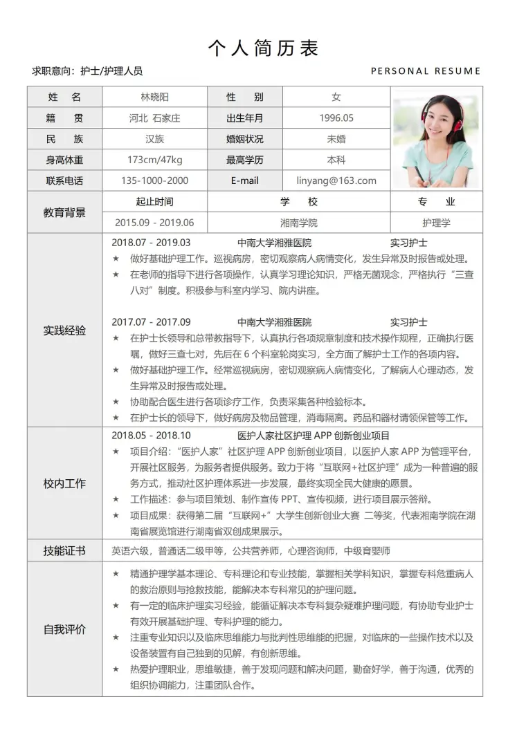 护士护理人员免费简历模板 Word 简历模板预览图