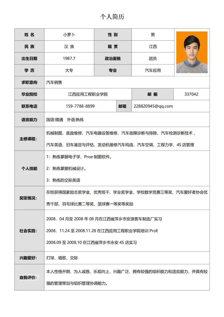 面试必胜简历样板表格模板 Word 简历模板预览图
