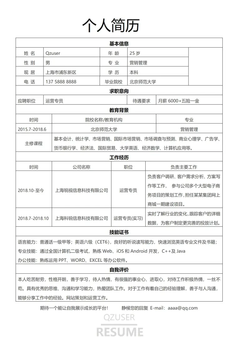 实用版求职简历表格 Word 简历模板预览图