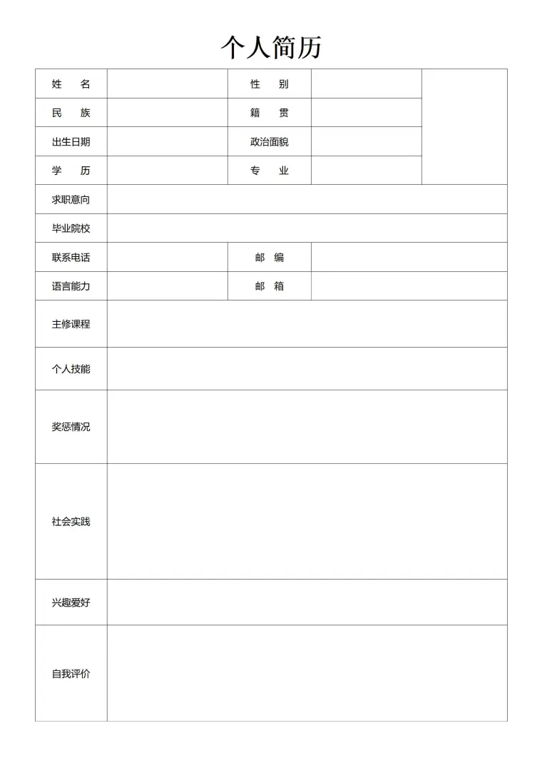 自我定义的空白简历样板 Word 简历模板预览图