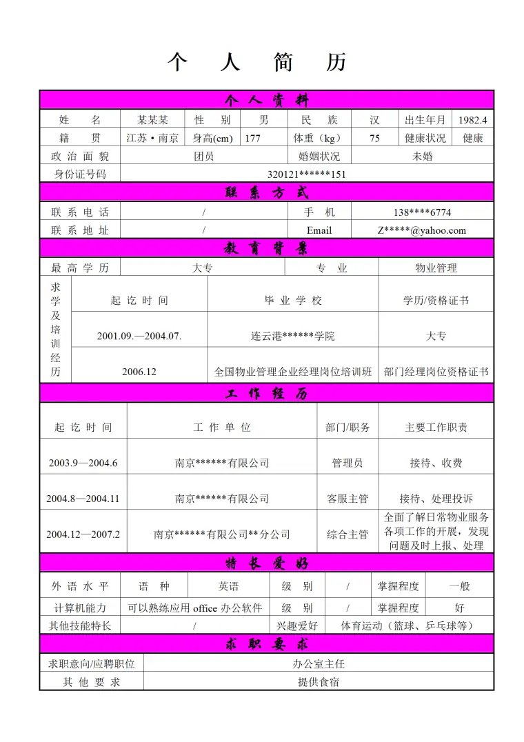 独特风格表格简历模板 Word 简历模板预览图