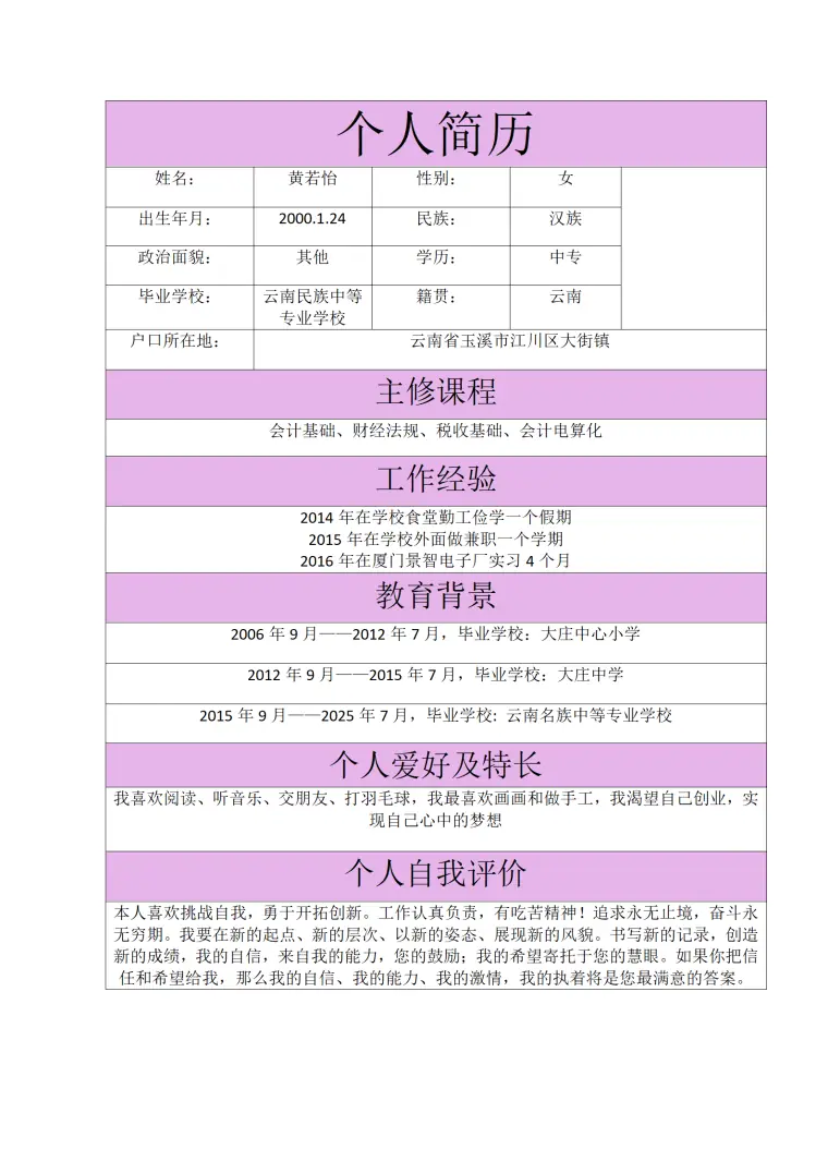 中专应届毕业生表格求职简历模板 Word 简历模板预览图