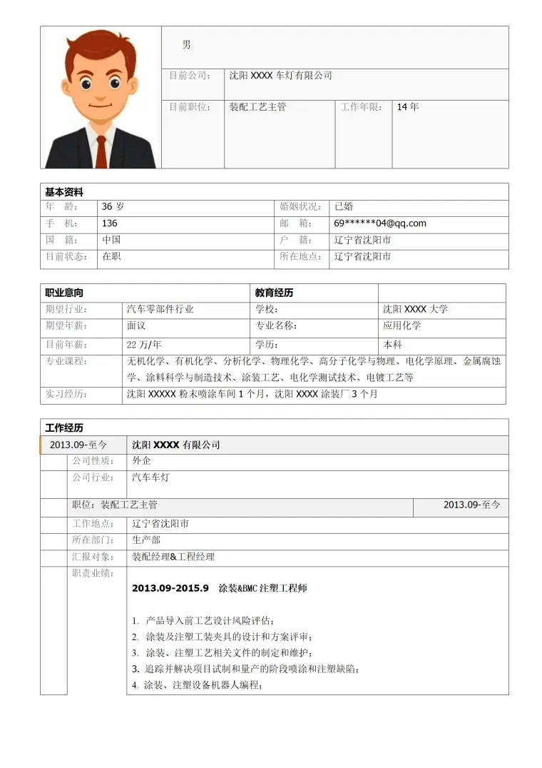 多条装配工艺相关工作经验表格简历模板 Word 简历模板预览图