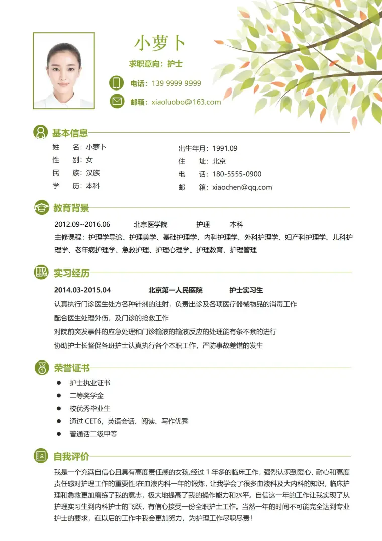 页简历展示护士职业技能与经验 Word 简历模板预览图