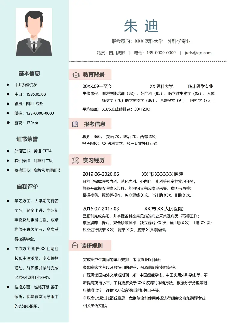 清新医学生复试简历 Word 简历模板预览图