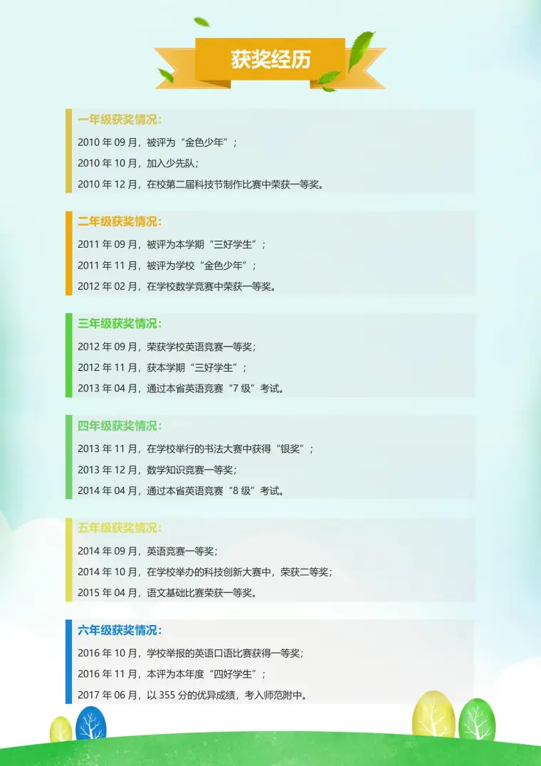 免费小升初综合素质简历模板 Word 简历模板预览图