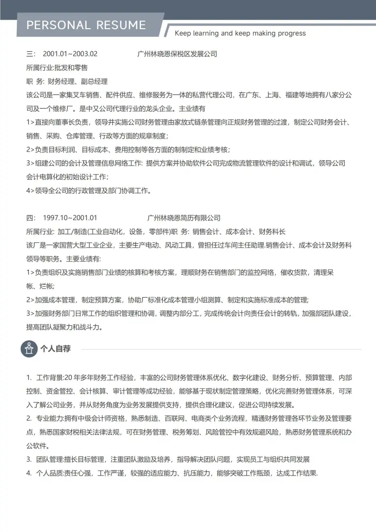 财务经理总监主管 简历范文 Word 简历模板预览图