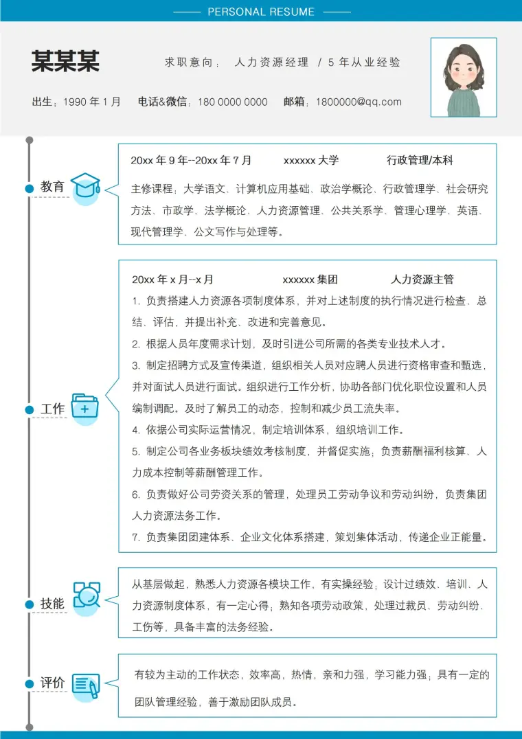 人力资源经理免费简历模板（5年从业经验） Word 简历模板预览图