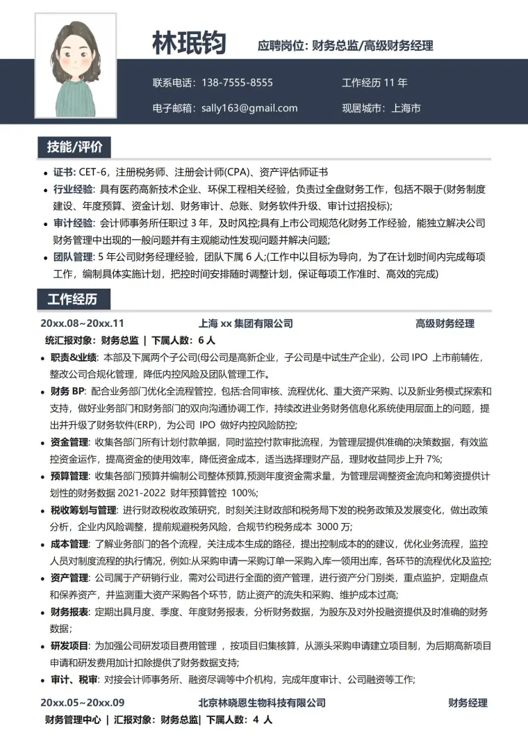 财务总监简历范文 Word 简历模板预览图