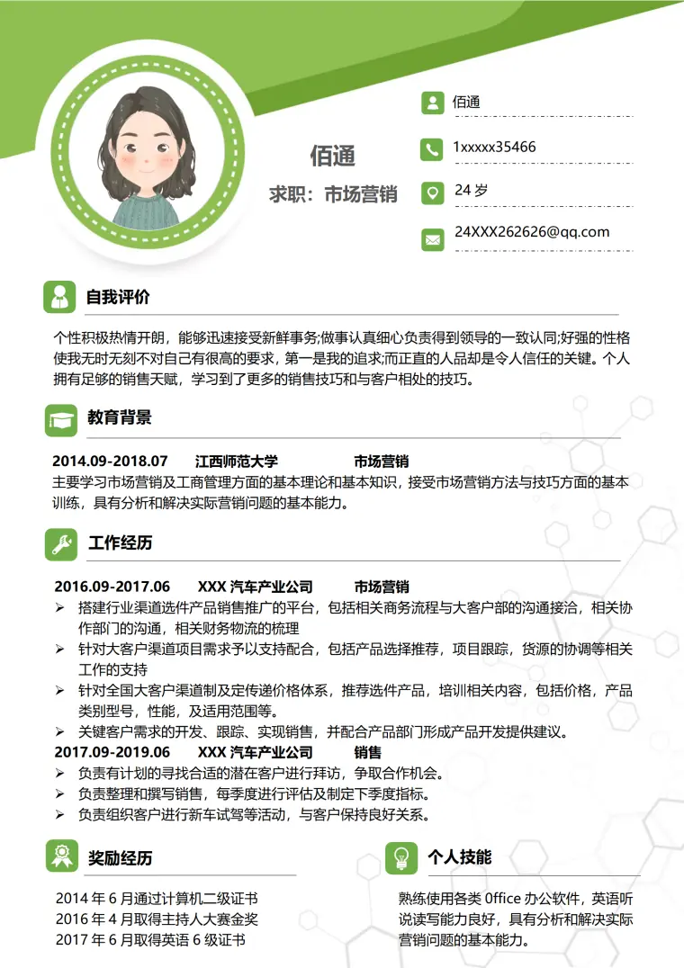 新能源汽车销售简历 Word 简历模板预览图