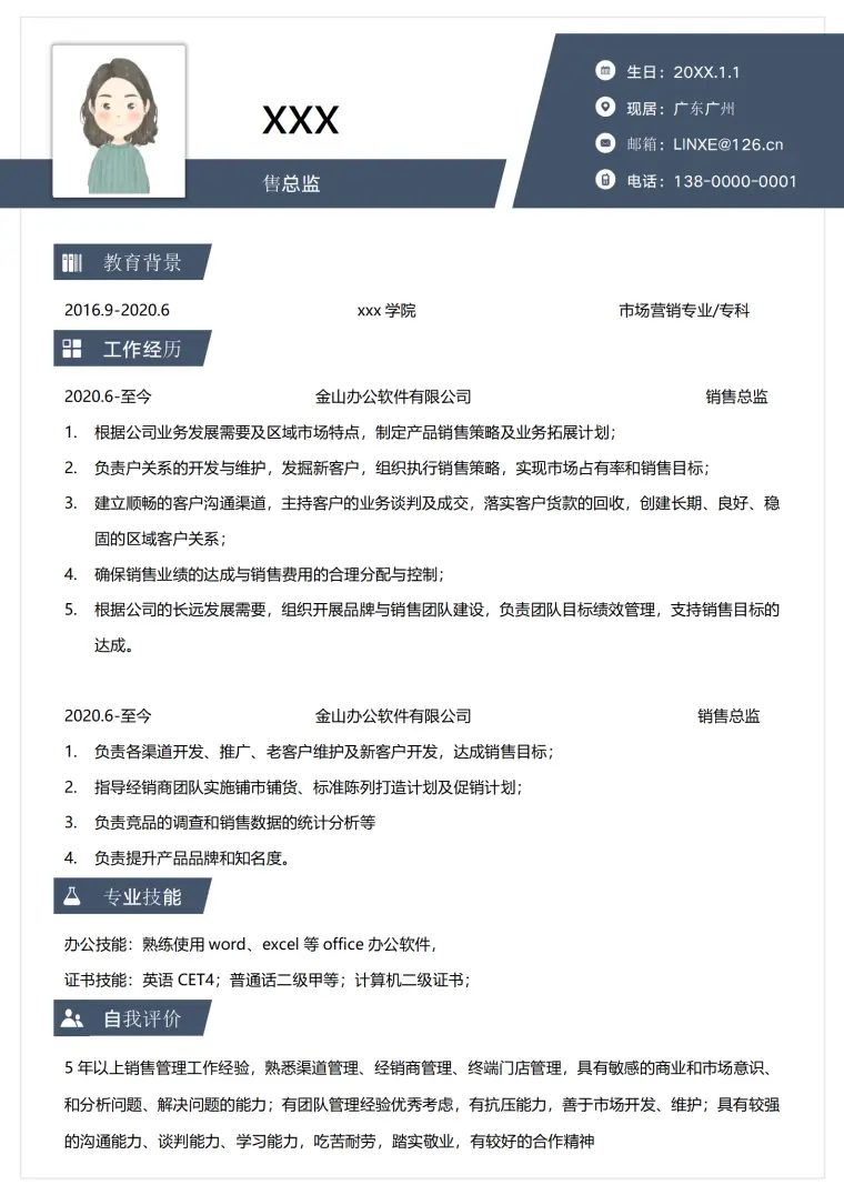 销售总监简历模板简洁版 Word 简历模板预览图