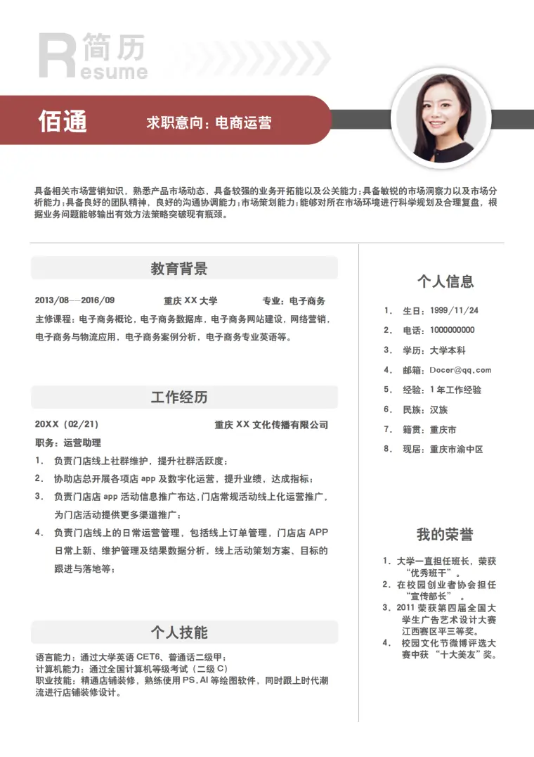 电子商务求职简历模板（免费数据突出） Word 简历模板预览图