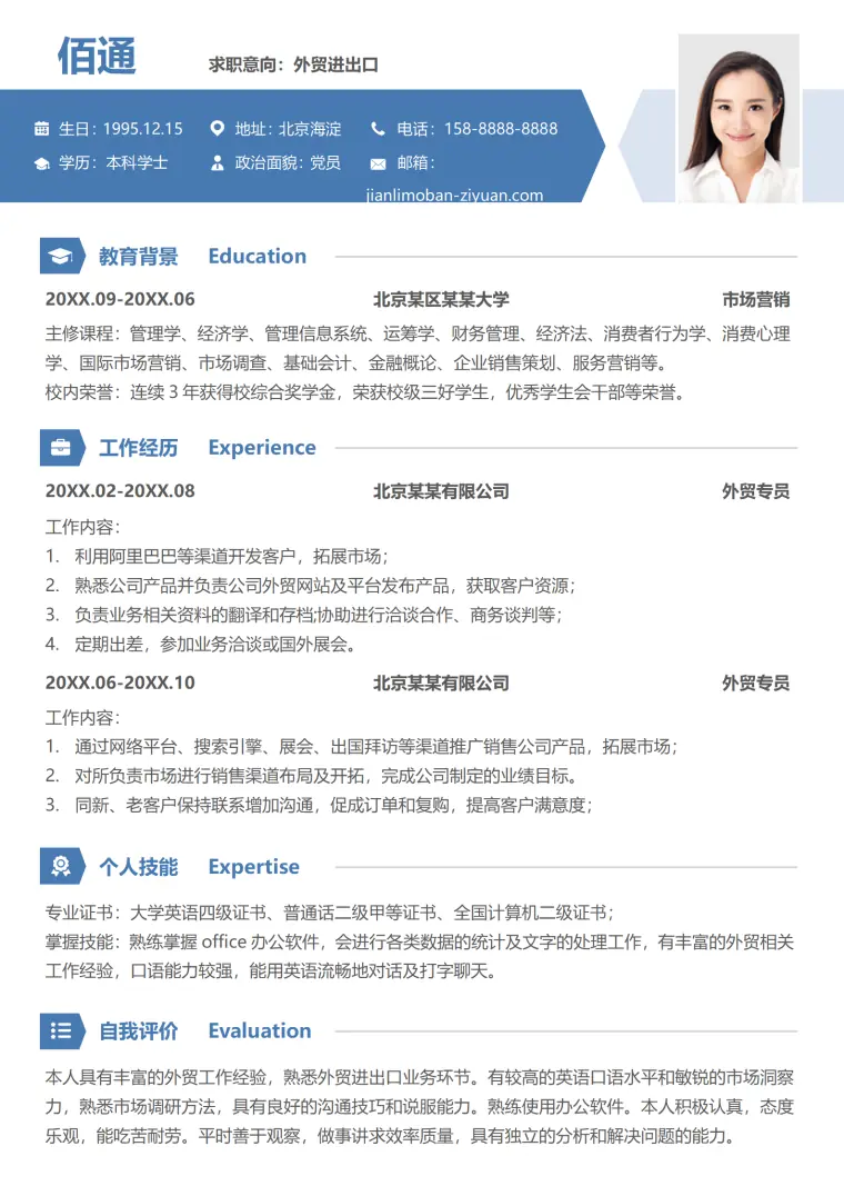 简约风电子商务免费简历模板下载 Word 简历模板预览图