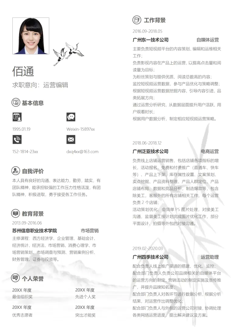 专业电商运营简历模板免费下载（含封面自荐信） Word 简历模板预览图
