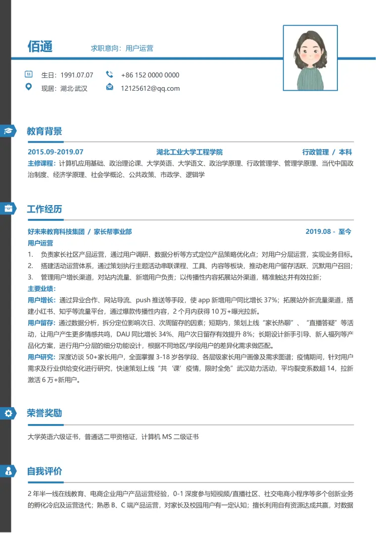 教育机构运营2年经验简历模板 Word 简历模板预览图