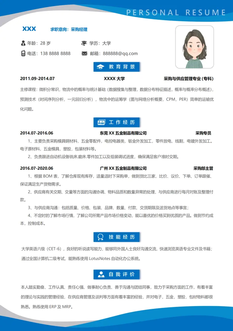 版采购简历模板（适合各行业） Word 简历模板预览图