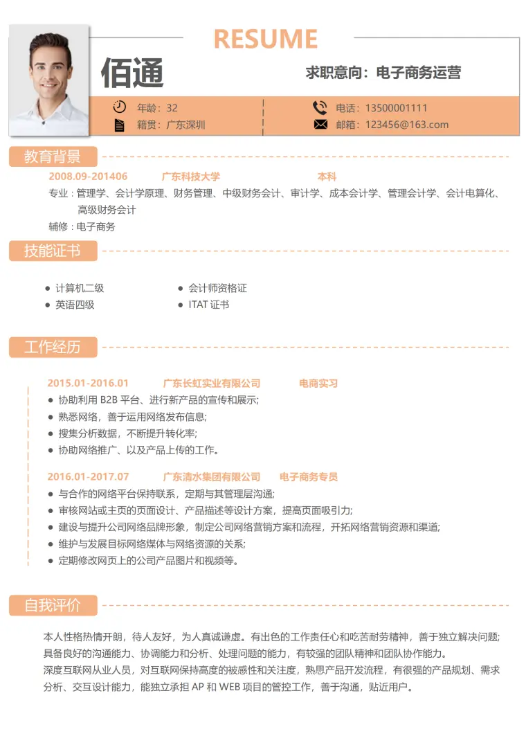 电商运营岗位免费简历模板（实战经验） Word 简历模板预览图