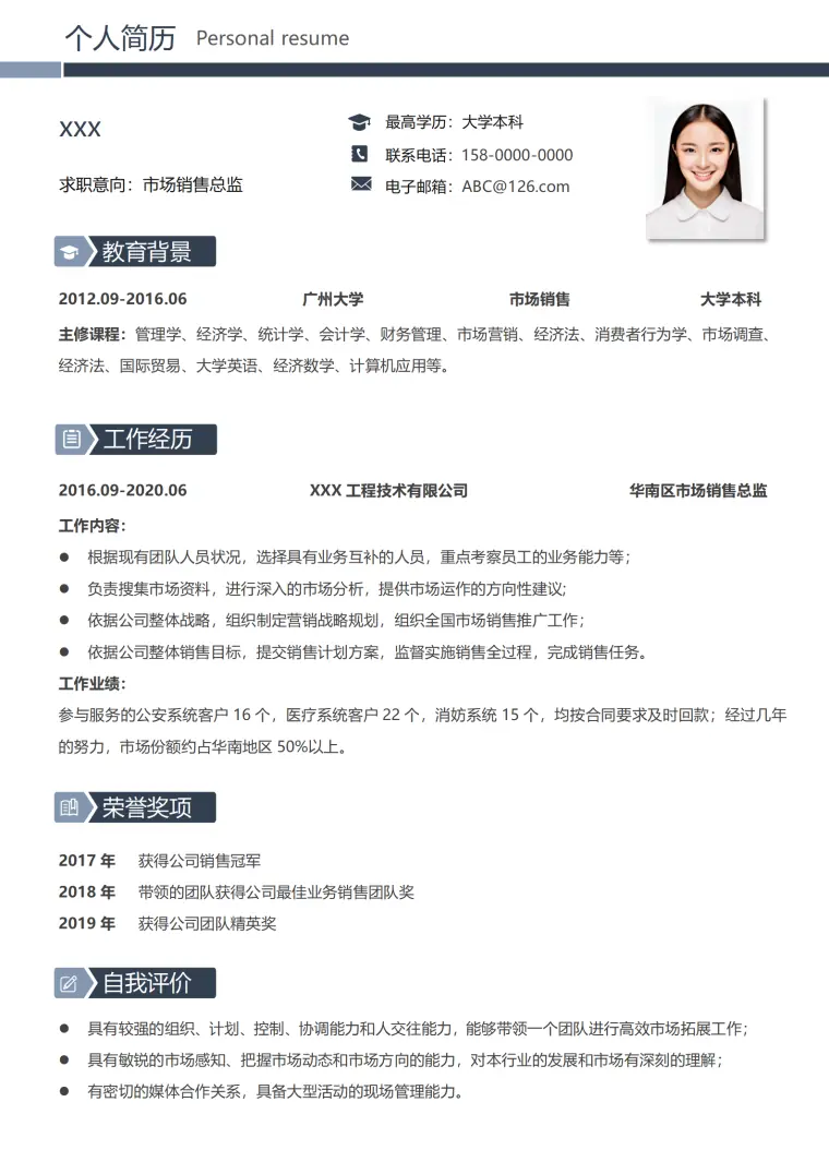 华南区市场销售总监免费简历模板 Word 简历模板预览图