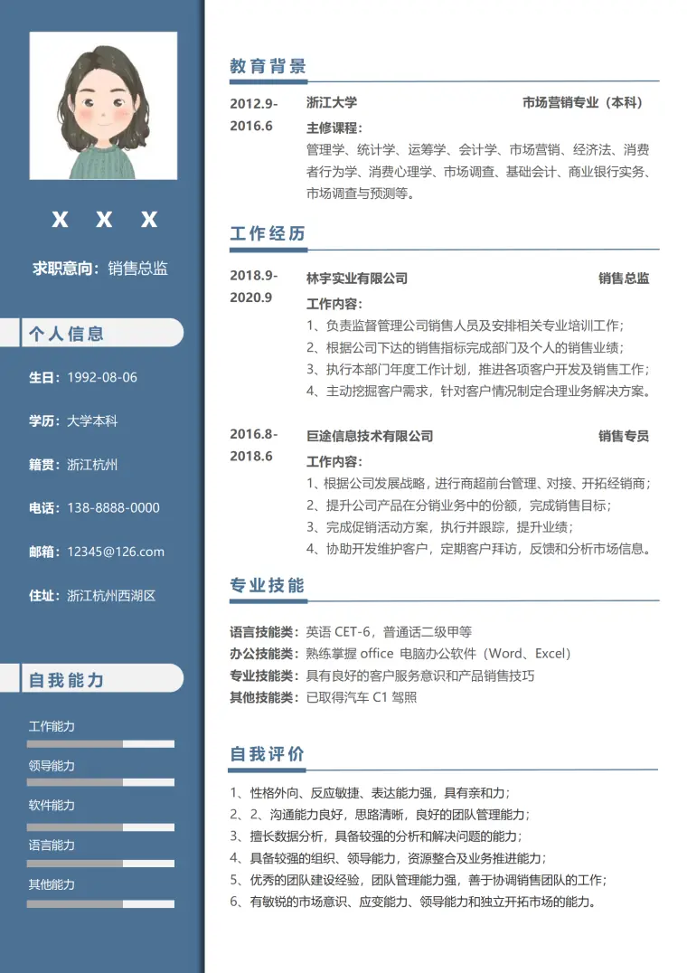 销售总监简历模板免费版 Word 简历模板预览图