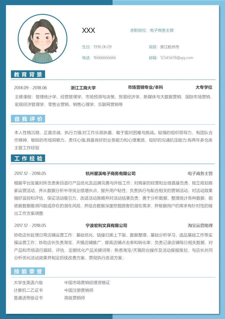 电子商务求职简历（免费成果导向设计） Word 简历模板预览图