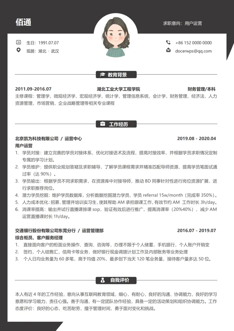 电商运营专家简历模板免费下载 Word 简历模板预览图
