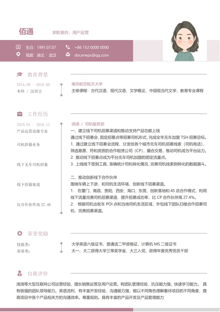 电商运营求职简历免费 Word 简历模板预览图