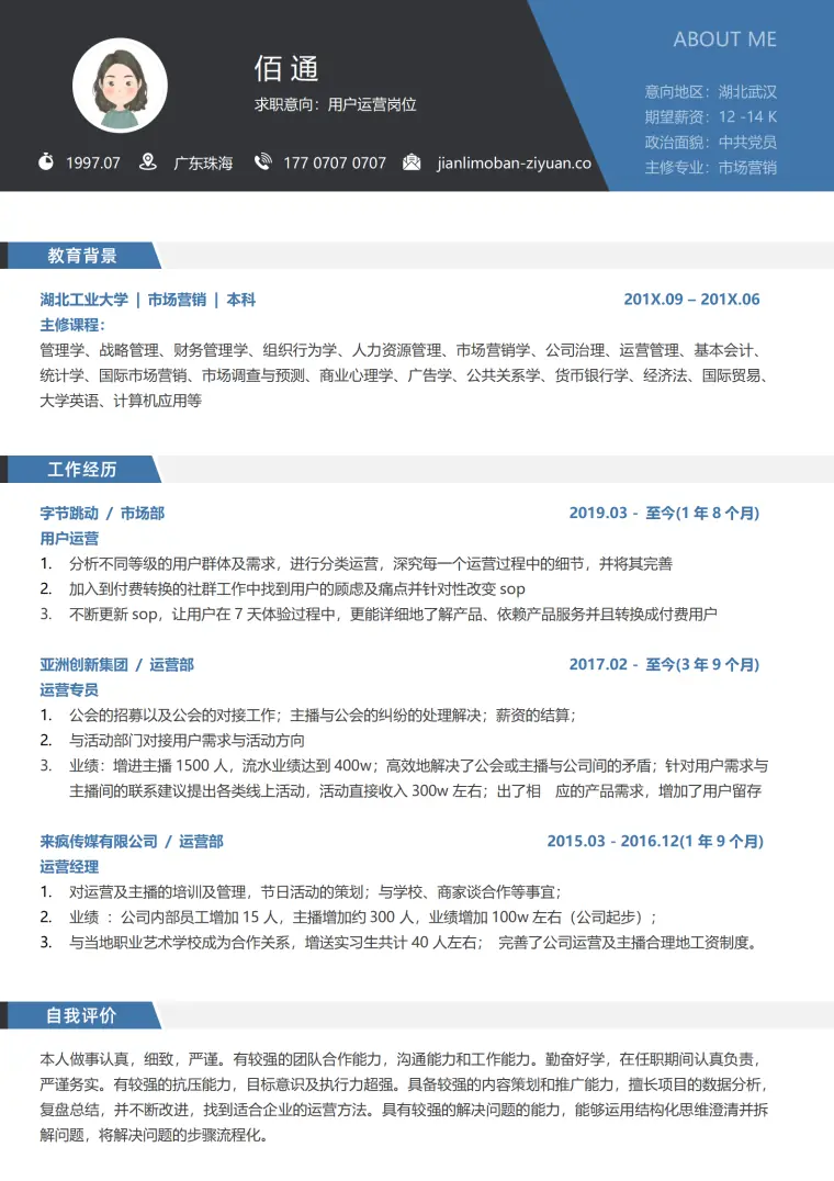 字节跳动用户运营简历模板免费下载 Word 简历模板预览图