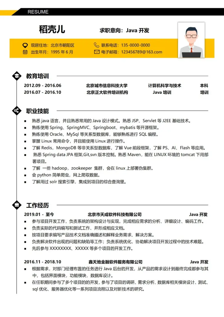 Java开发3-5年经验黑金简历 Word 简历模板预览图