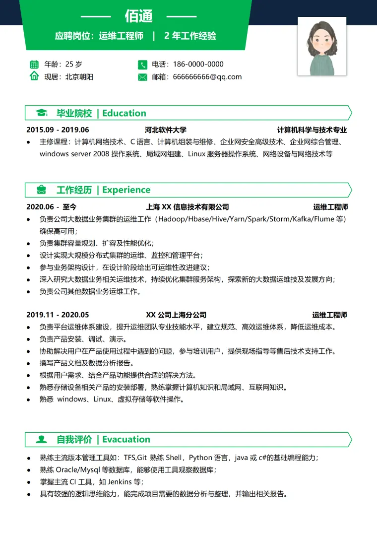 运维工程师职场跳槽简历 Word 简历模板预览图