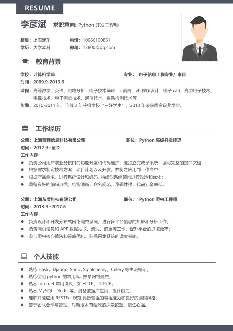 简约灰色互联网Python开发工程师5年以经验简历 Word 简历模板预览图