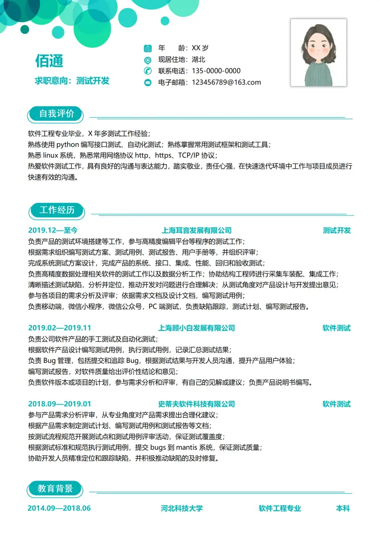 测试开发工程师软件类岗位简历模板范文 Word 简历模板预览图