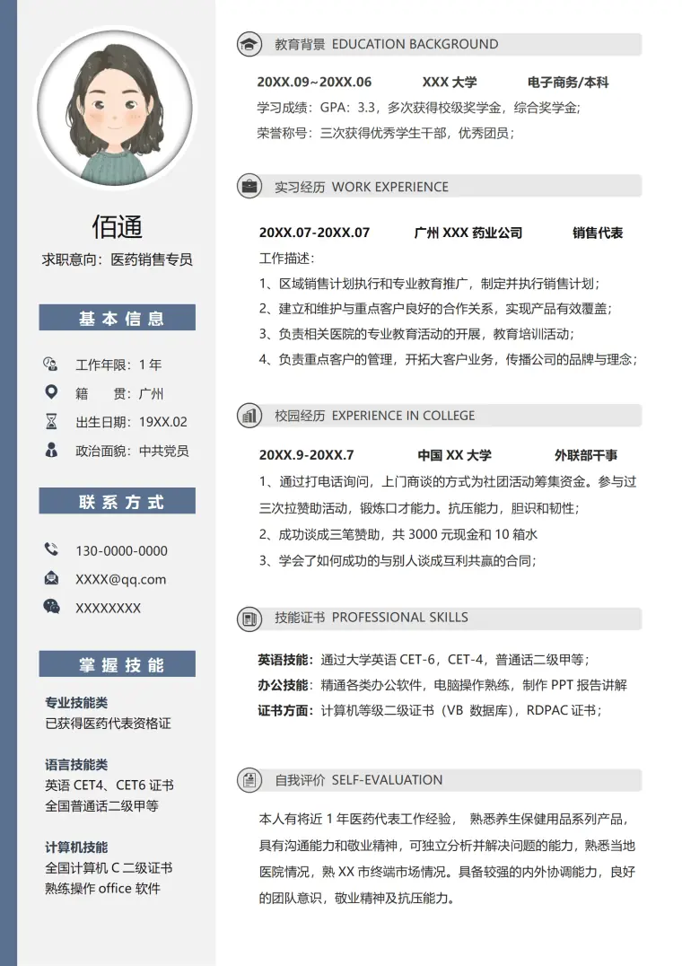 沉稳1年以下工作经验医药销售专员简历 Word 简历模板预览图