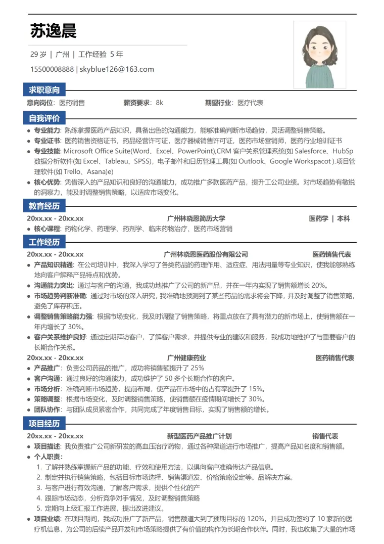 厂家医药销售代表简历 Word 简历模板预览图