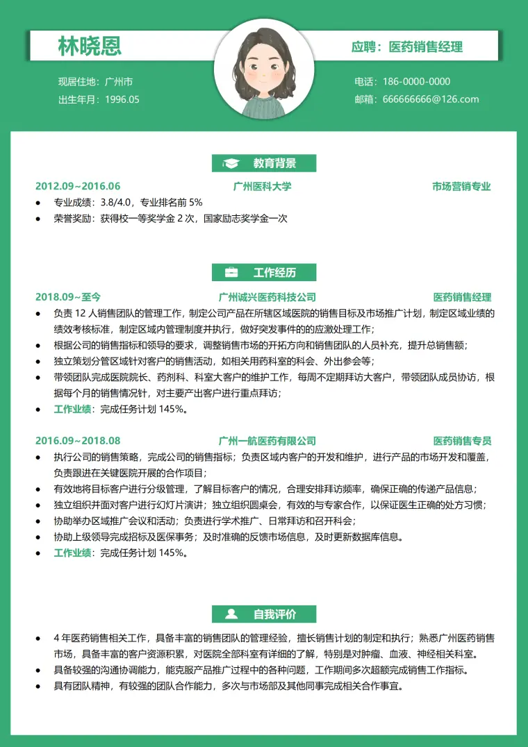 医药销售经理3-5年经验简历 Word 简历模板预览图
