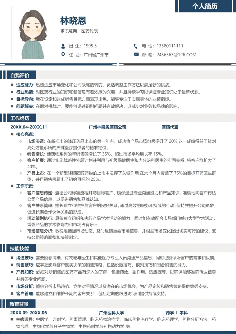 医药销售代表简历大全 Word 简历模板预览图
