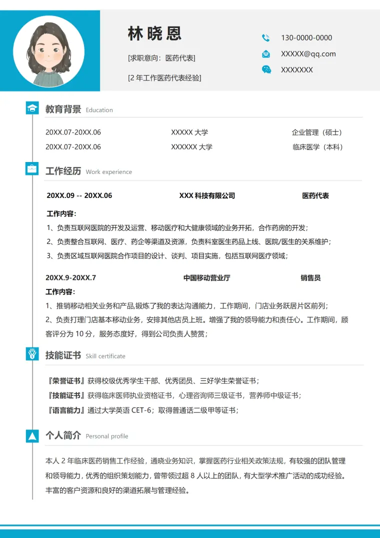 简约2年医药销售工作经验 Word 简历模板预览图
