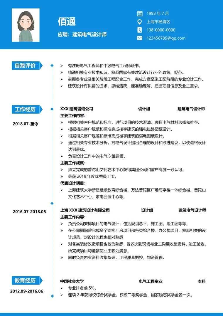 电气设计师李阳简历 Word 简历模板预览图