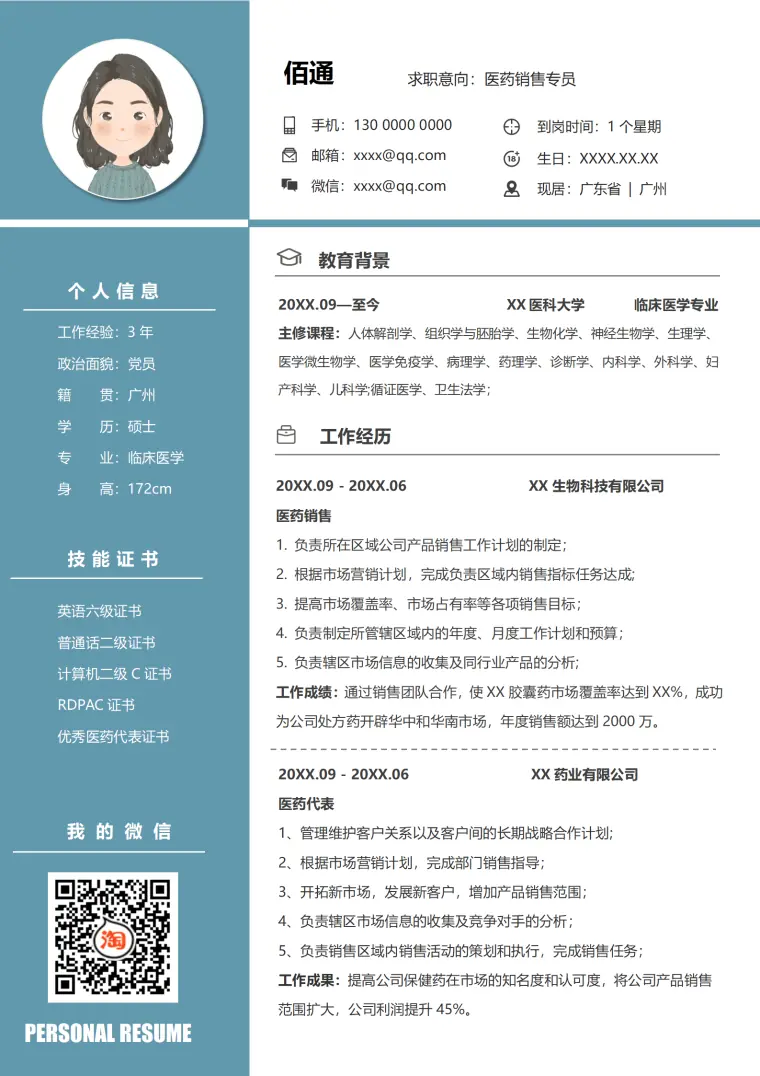 沉稳3年工作经验医药销售专员求职简历 Word 简历模板预览图