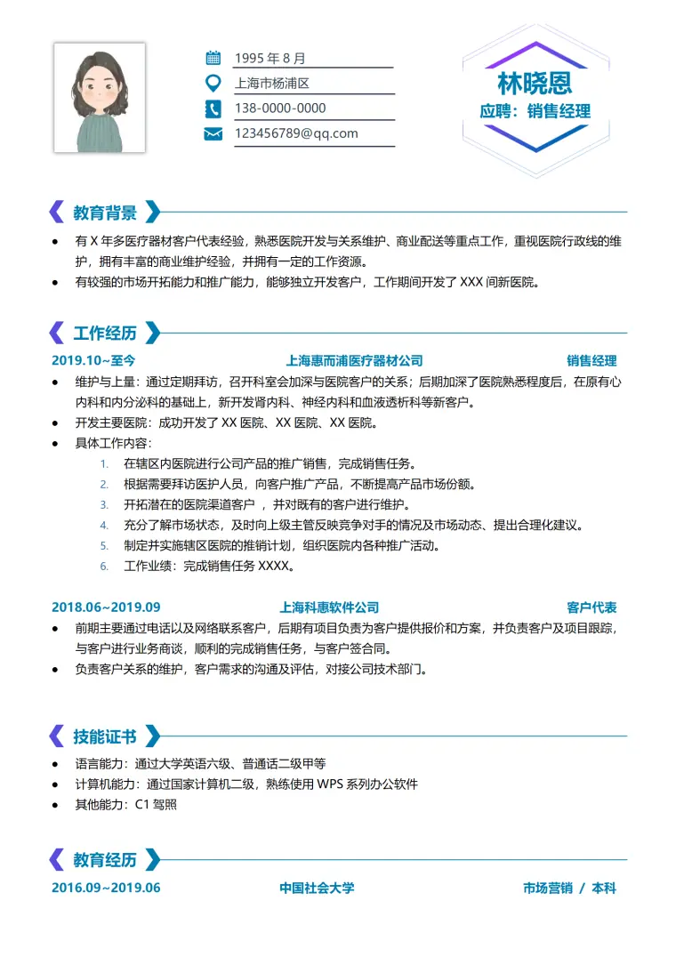 医药销售经理渠道类岗位求职简历 Word 简历模板预览图
