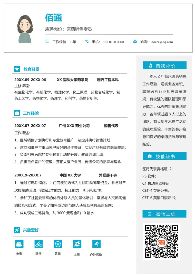 蓝色简约1年医药销售专员工作经验 Word 简历模板预览图