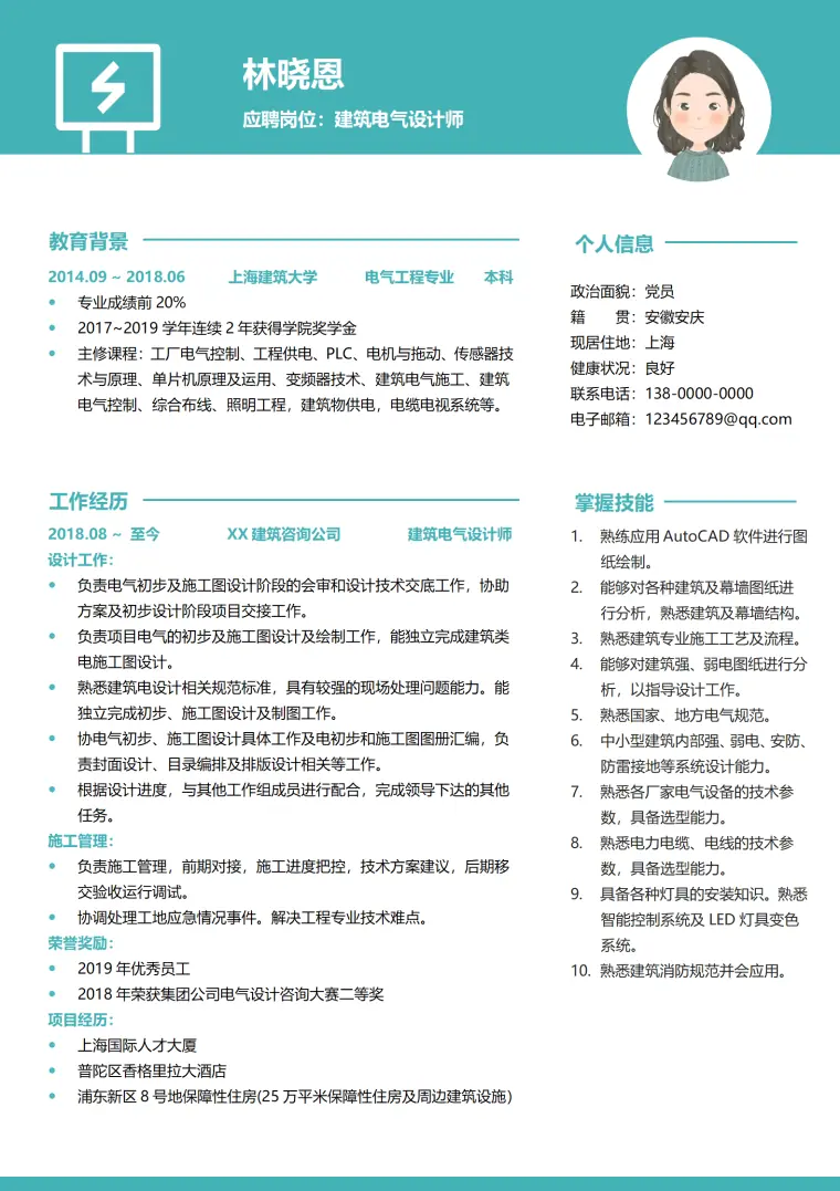 电气设计师张国强简历 Word 简历模板预览图
