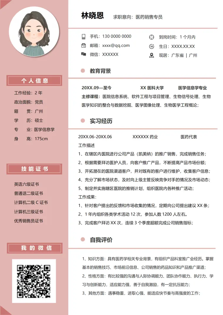 工作经验1-3年医药销售专员求职简历 Word 简历模板预览图