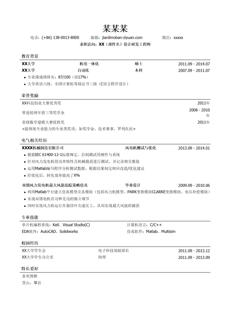 风机研发设计工程师简历模板（有荣誉奖励） Word 简历模板预览图