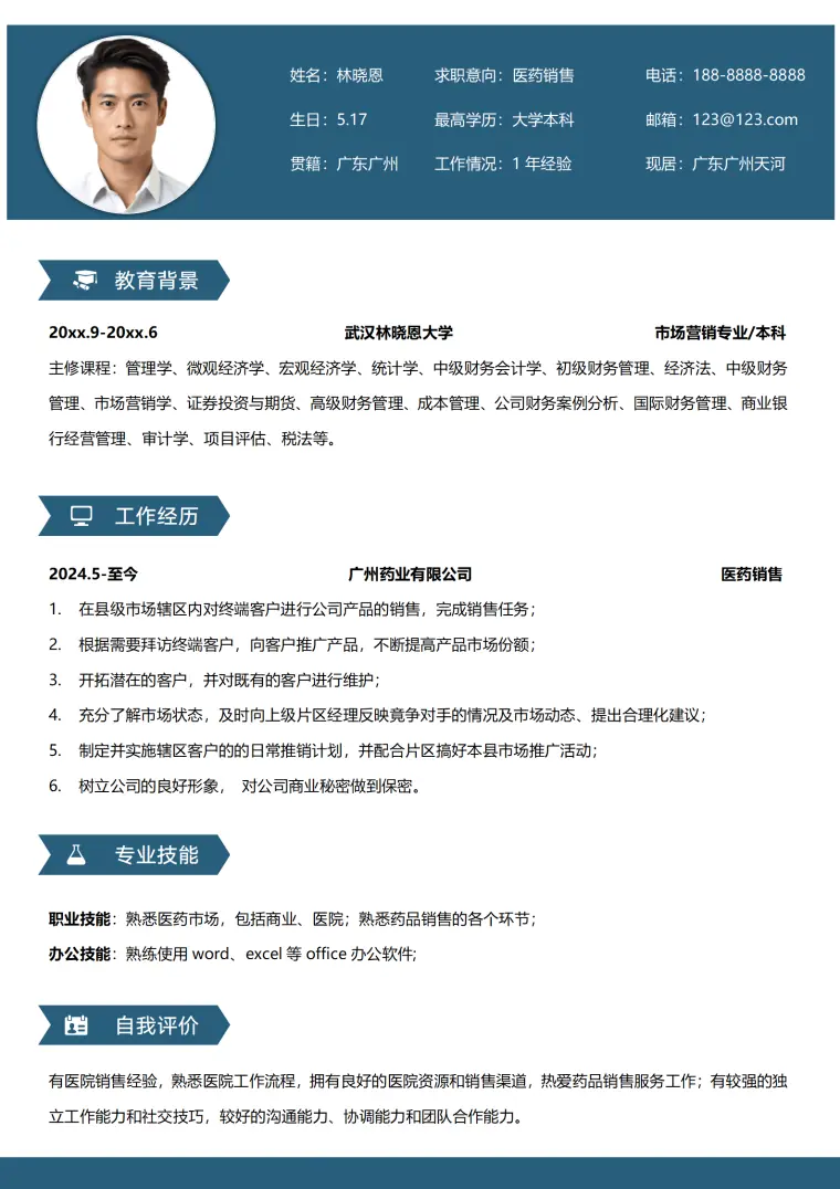 药销售代表求职简历 Word 简历模板预览图