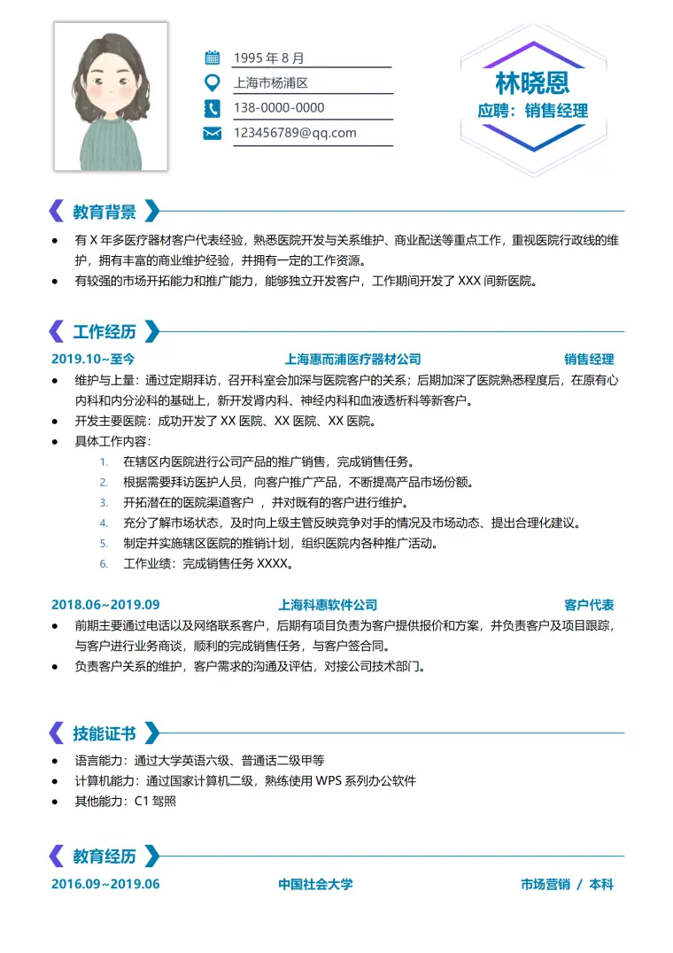 医药销售代表简历范本 Word 简历模板预览图